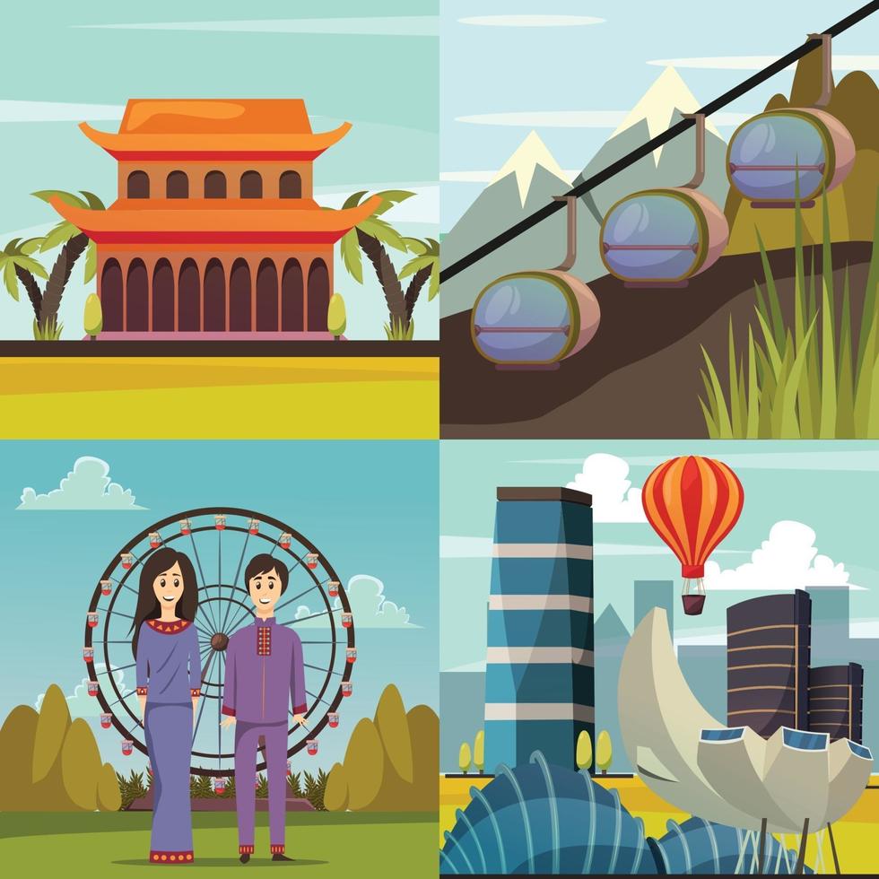 Singapore Landmarks 4 Orthogonal Icons Vector Illustration