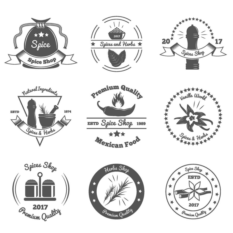 Spices And Herbs Monochrome Emblems Vector Illustration