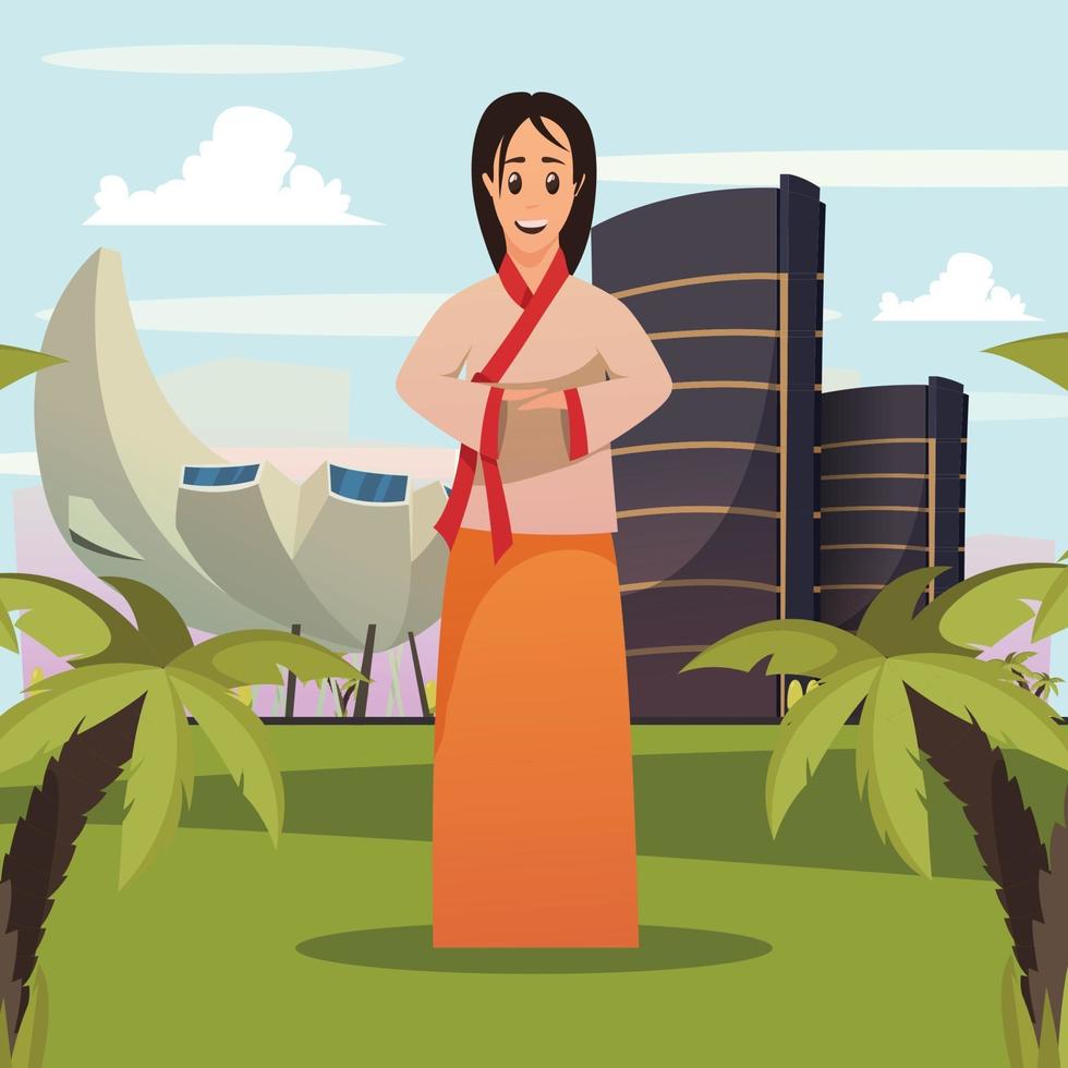 Singapore Woman Landmark Background Poster Vector Illustration