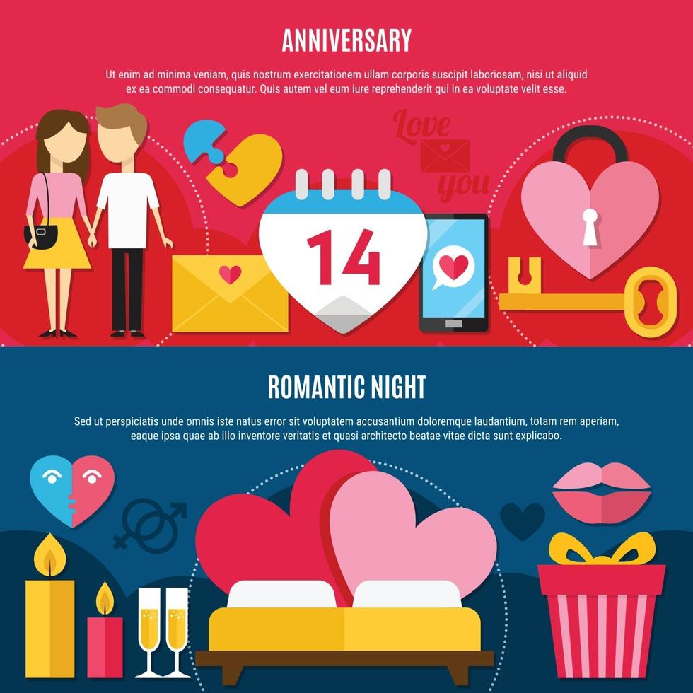 Two Flat Valentines Day Banner Set Vector Illustration