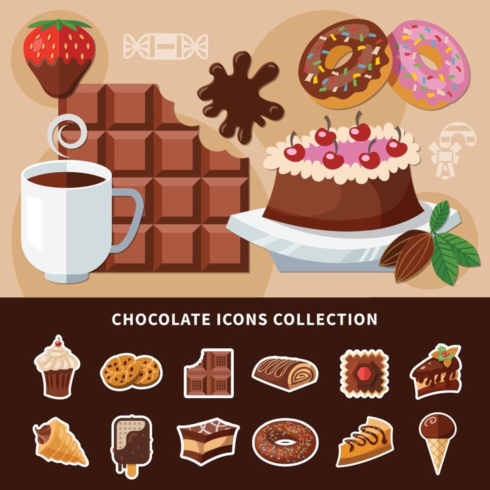 Ilustración de vector de colección de iconos planos de chocolate