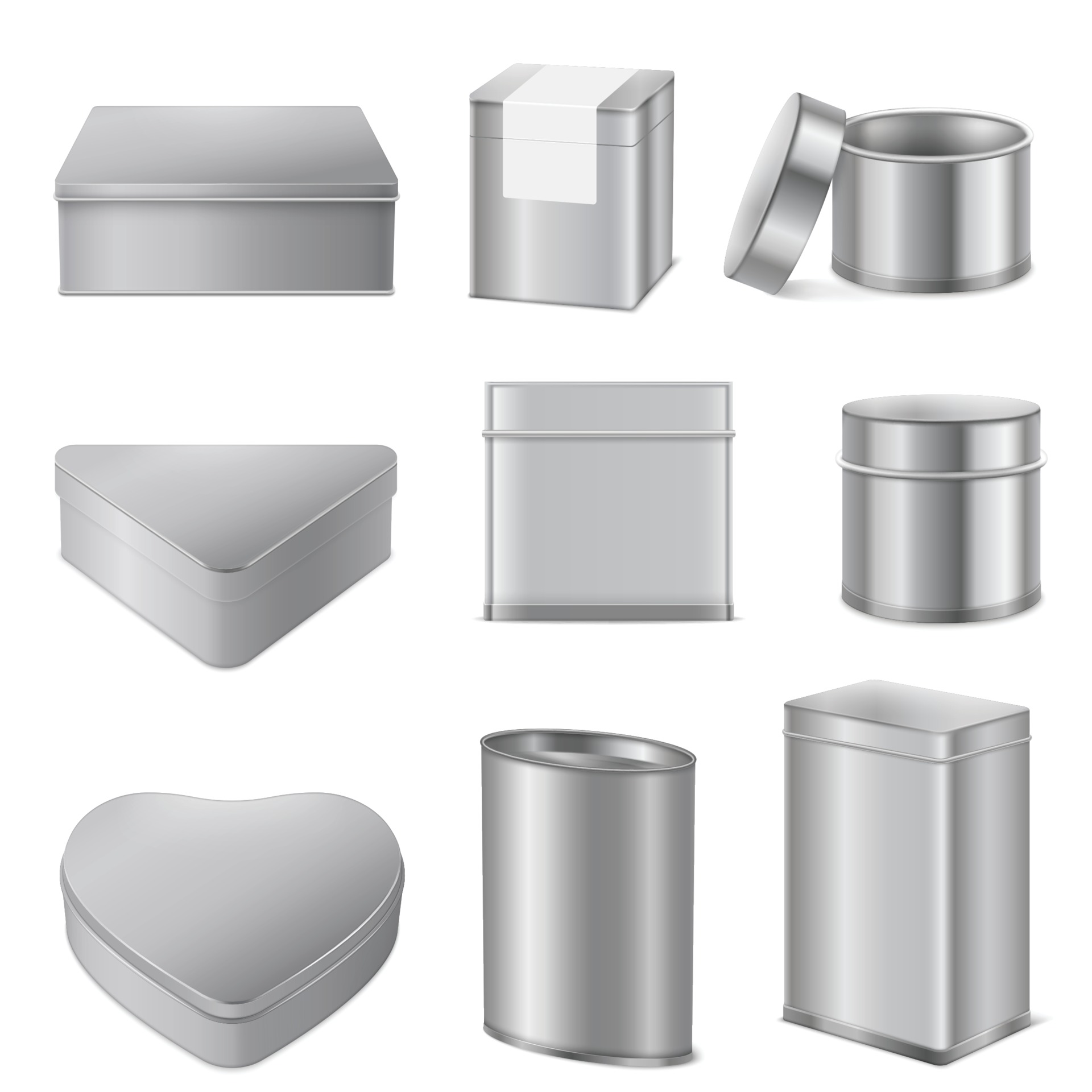 Realistic Tin Boxes Packaging Set, Vectors