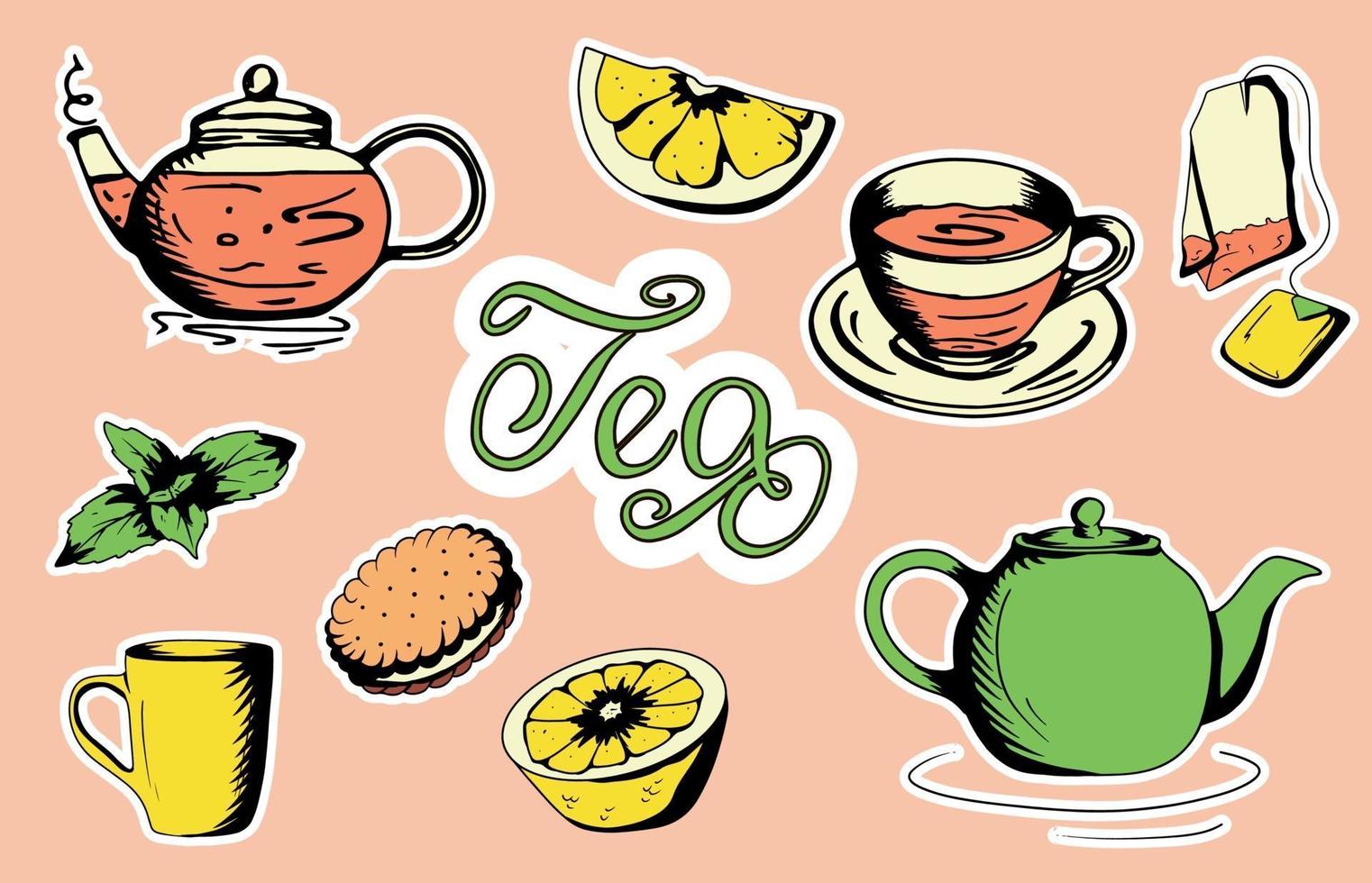 un juego de accesorios de té taza, tetera, bolsita de té, utensilios de té, vidrio en estilo plano vector