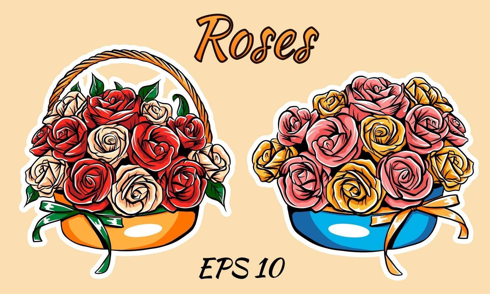 Vector basket with roses, isolated. Two types of bouquets.