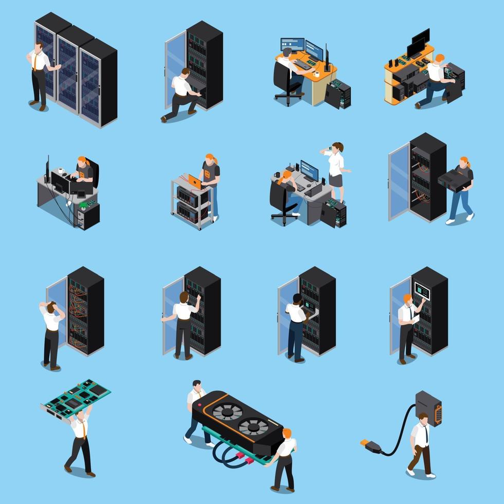 IT Engineer Isometric Set Vector Illustration