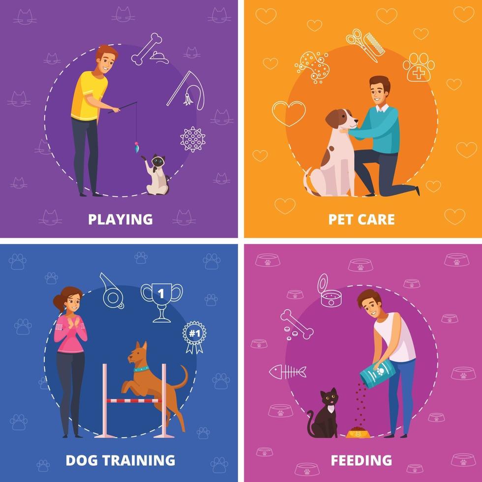 People With Pets 2x2 Cartoon Square Icons Vector Illustration