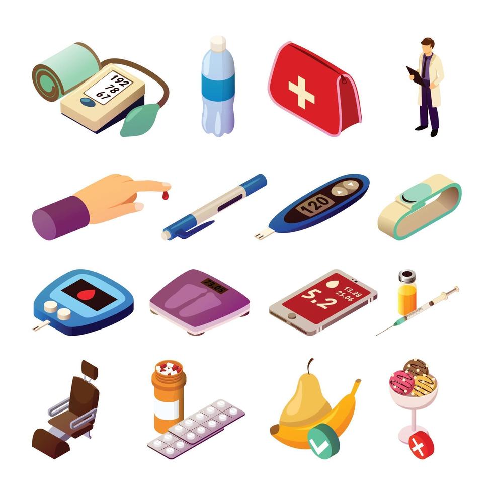 Diabetes Control Isometric Icons Vector Illustration