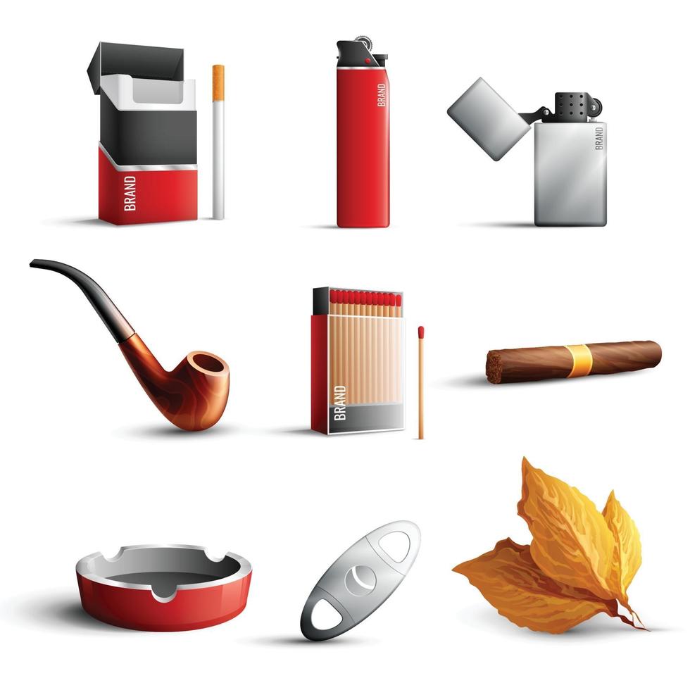 Ilustración de vector de conjunto realista de productos de tabaco