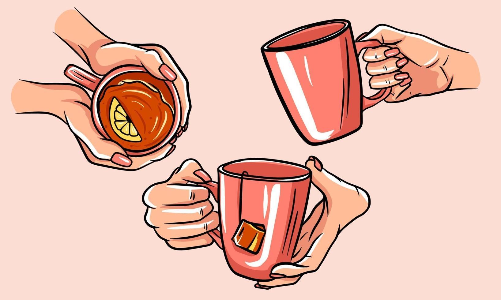 Set of cups of tea with hands. vector