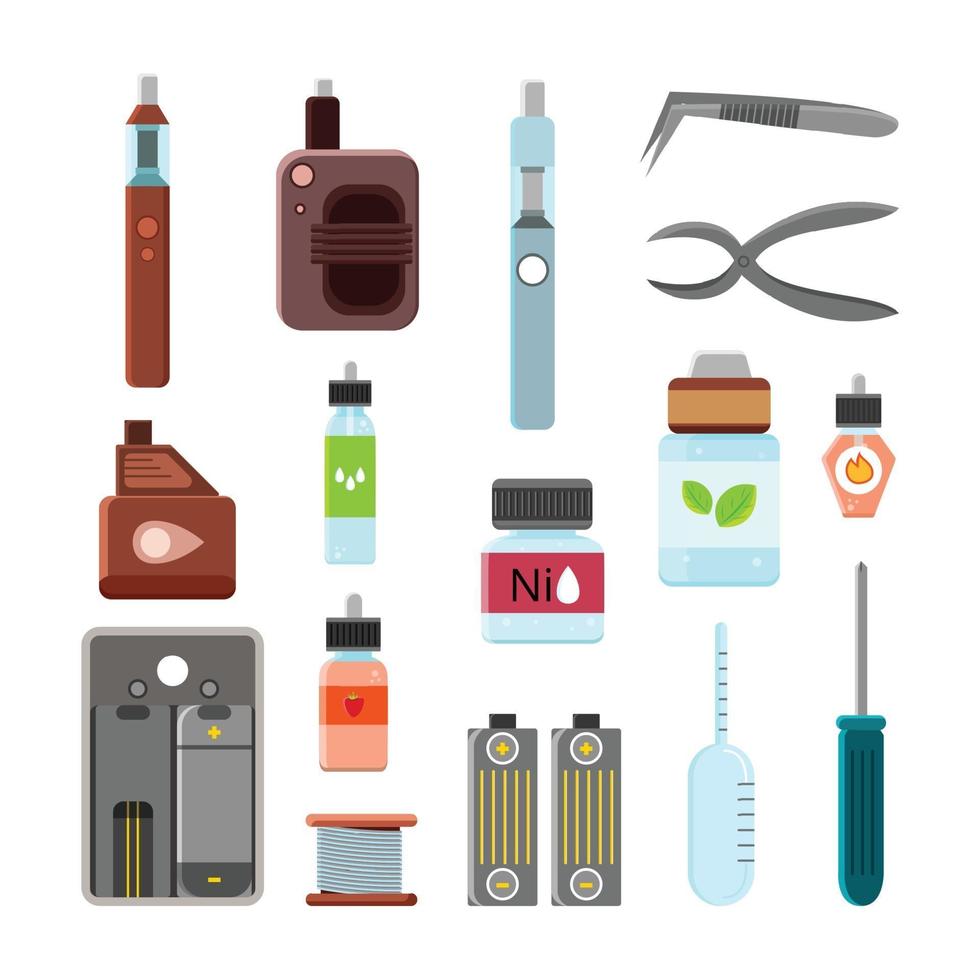 Vaping Accessories Flat Icons Set Vector Illustration