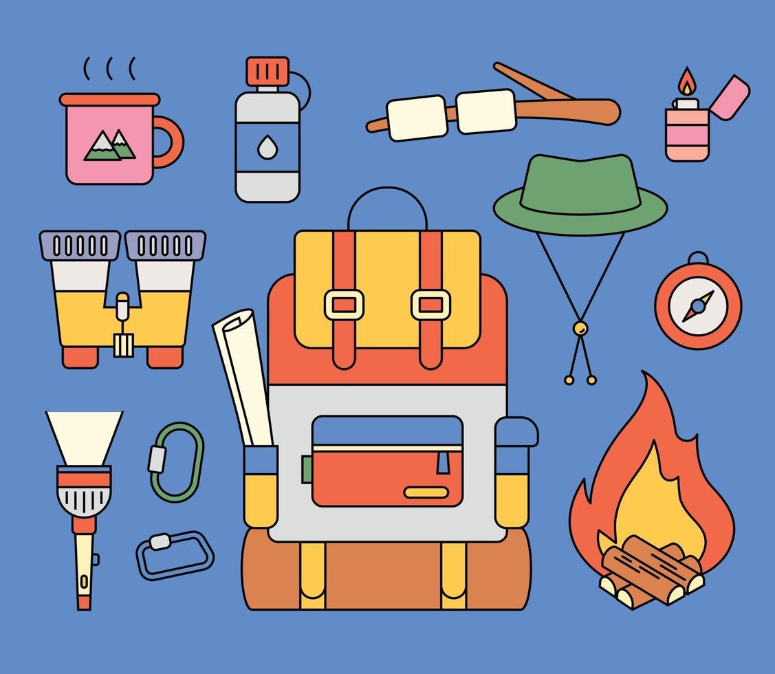 Collection of backpacking objects. flat design style minimal vector illustration.