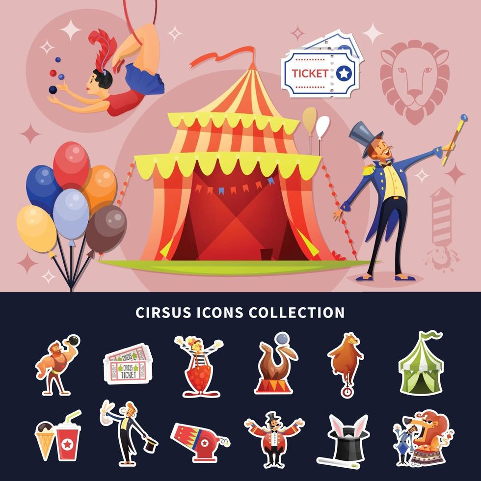 Ilustración de vector de composición coloreada de dibujos animados de circo