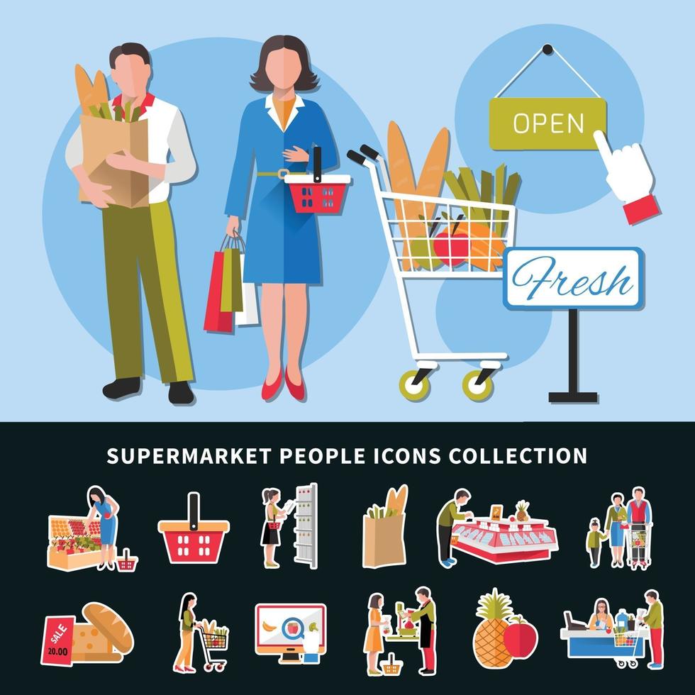 Ilustración de vector de colección de iconos de personas de supermercado