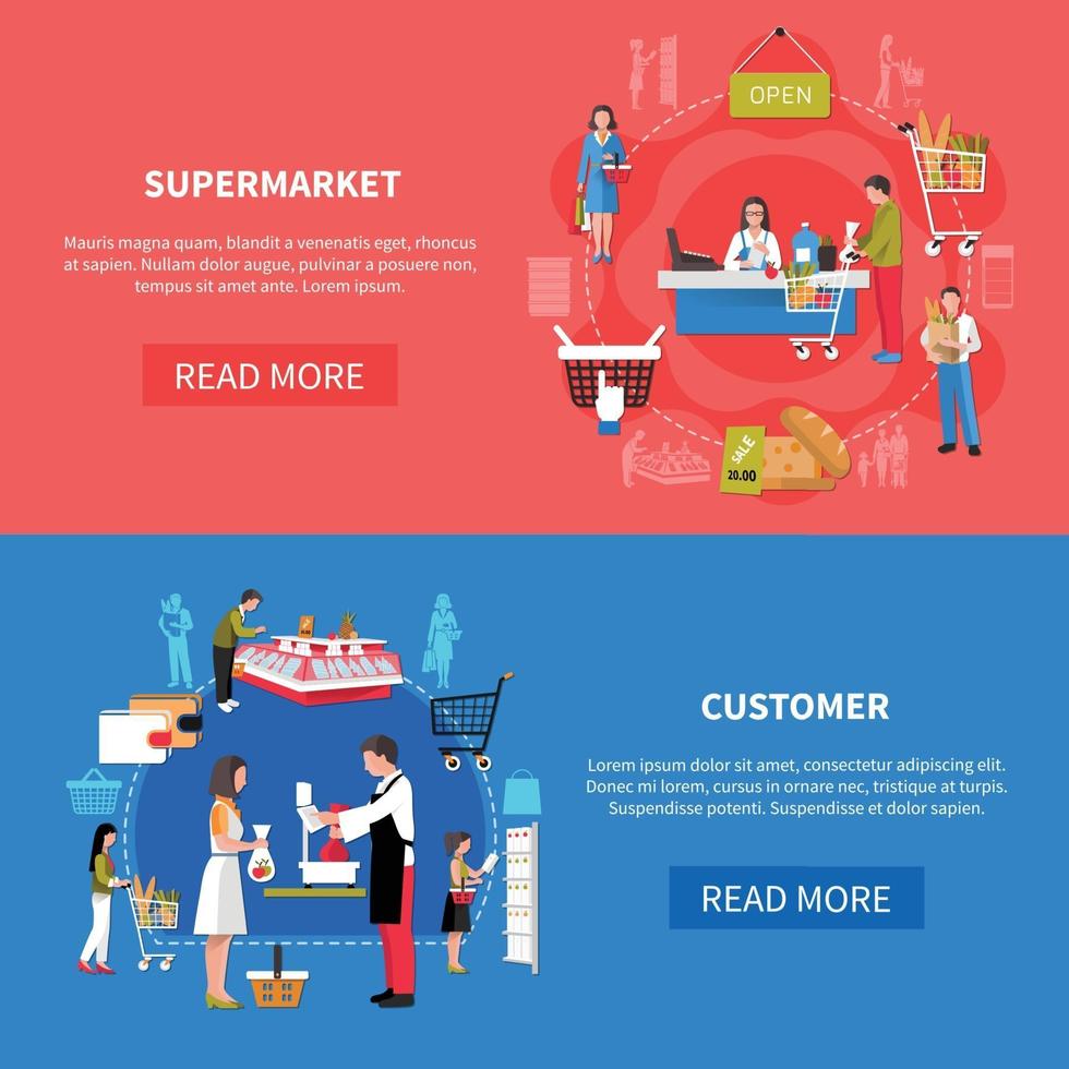 Supermarket Customers Banners Vector Illustration