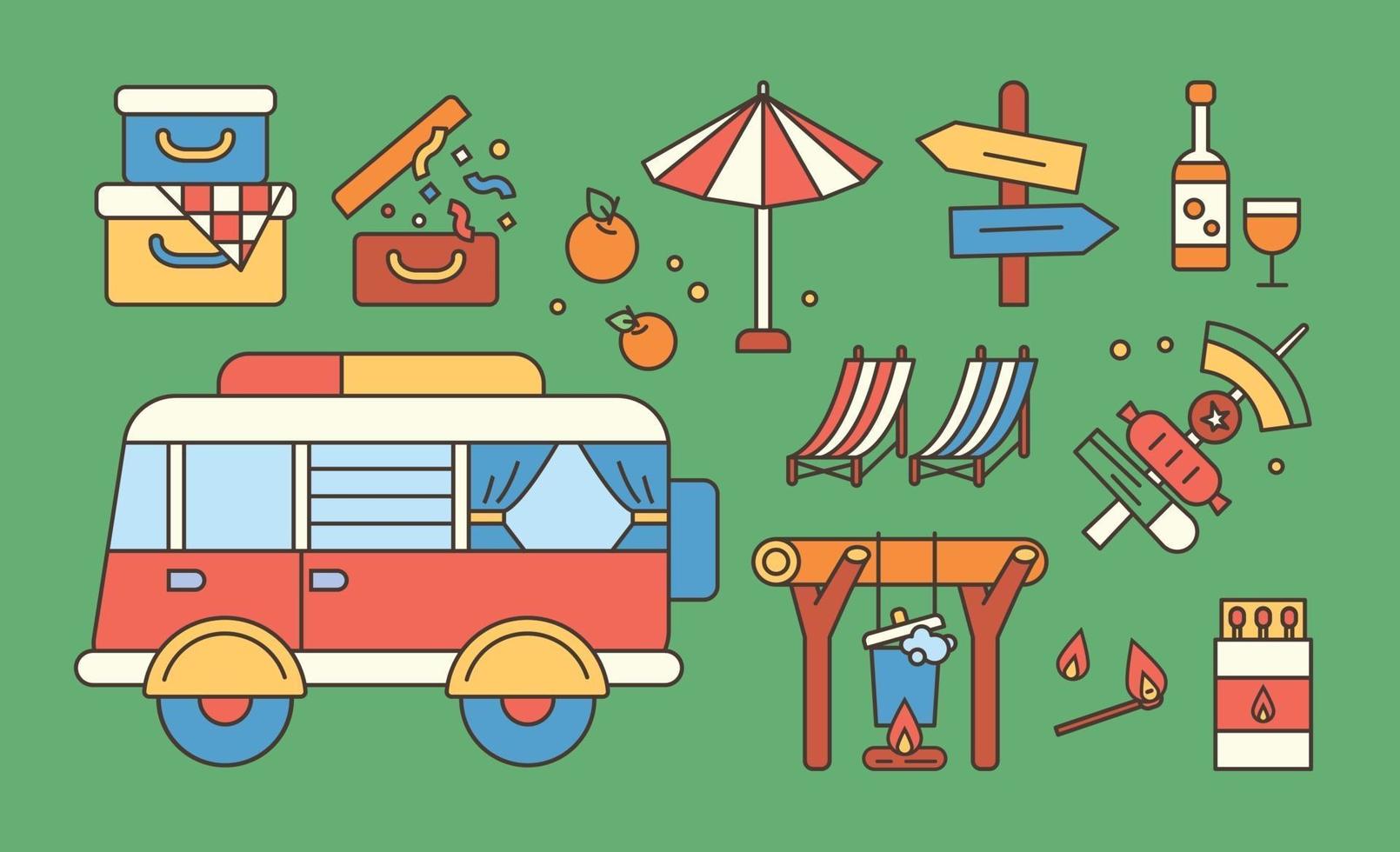 Collection of caravan camping objects. flat design style minimal vector illustration.