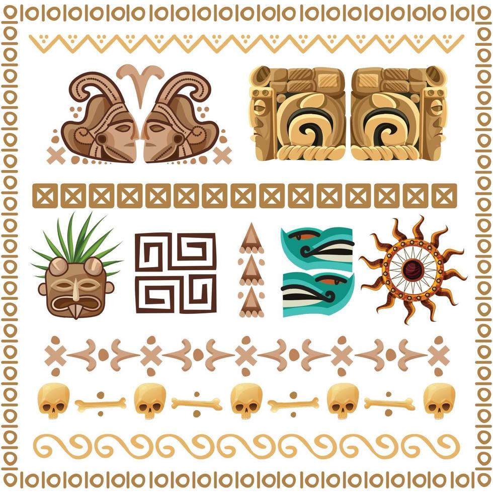 Mayan Ornaments And Patterns Cartoon Set Vector Illustration