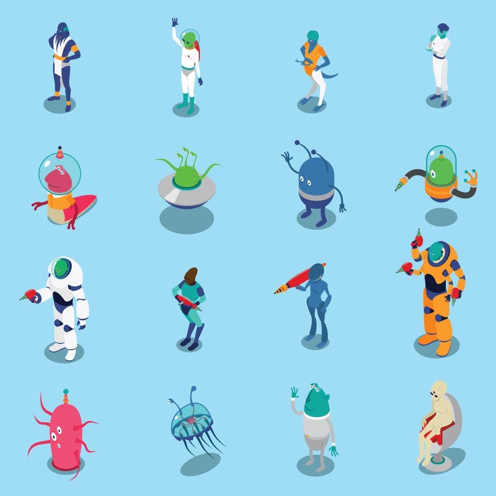 Aliens Isometric Icons Set Vector Illustration