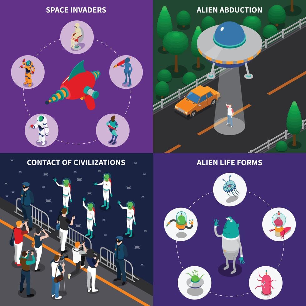 Alien Characters 2x2 Isometric Set Vector Illustration