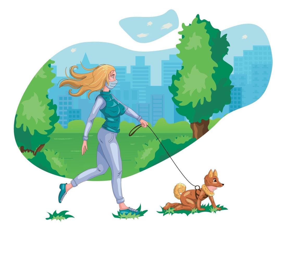 Ilustración divertida de una niña caminando con perro vector