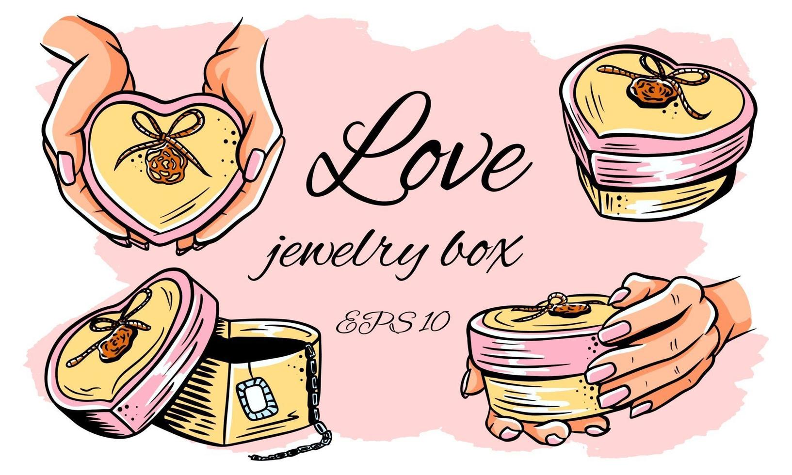 Set of Heart-shaped jewelry box. vector