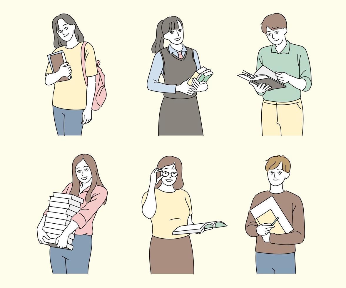 A collection of student characters holding books. hand drawn style vector design illustrations.