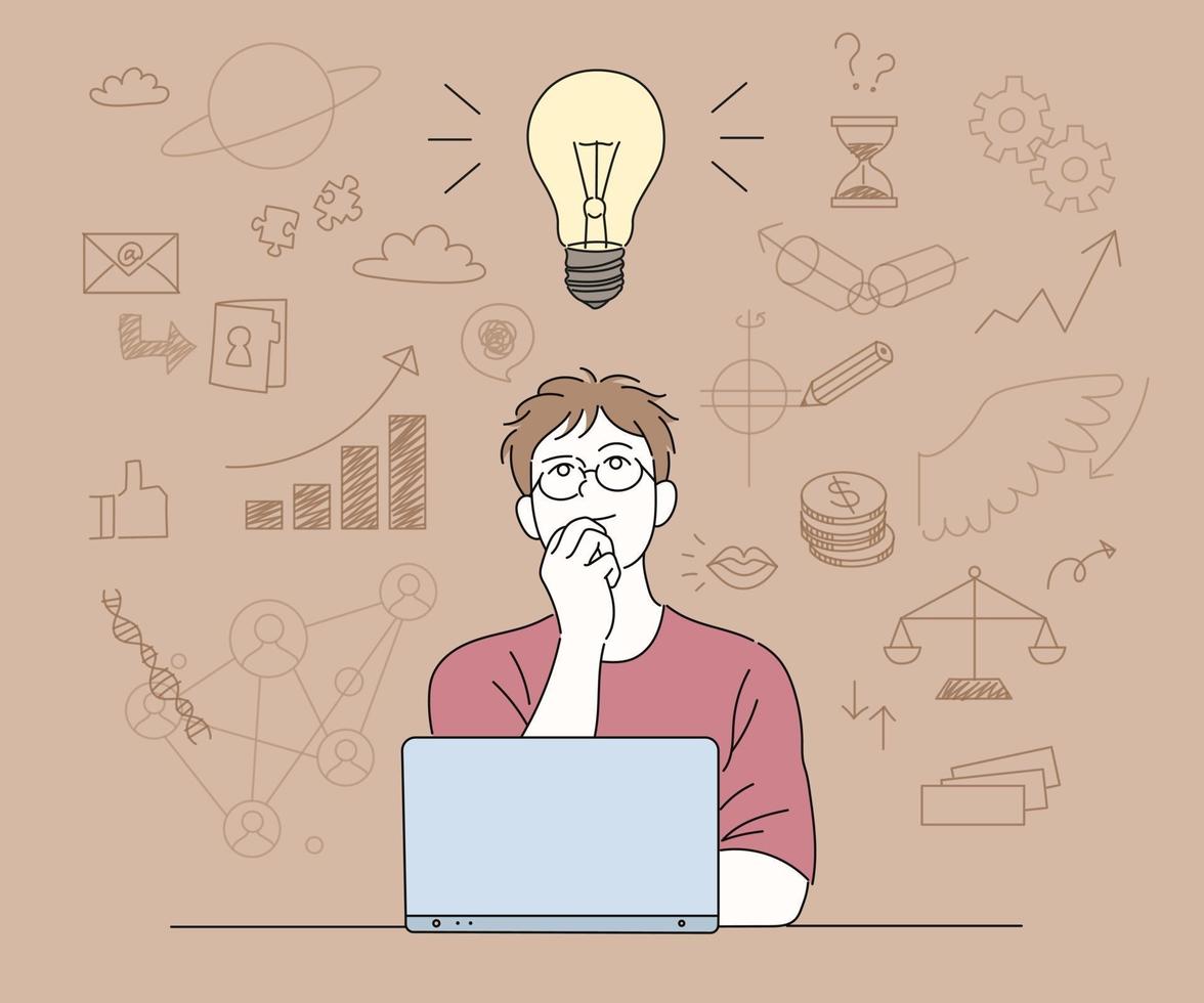 A man in glasses is thinking of an idea in front of a laptop. hand drawn style vector design illustrations.