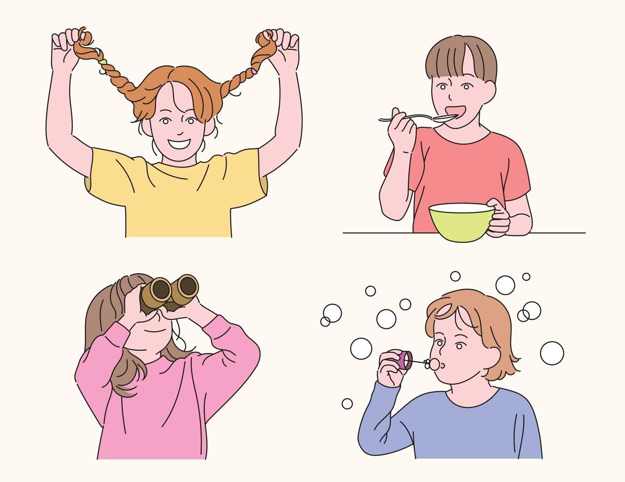 Cute behavior of children. hand drawn style vector design illustrations.