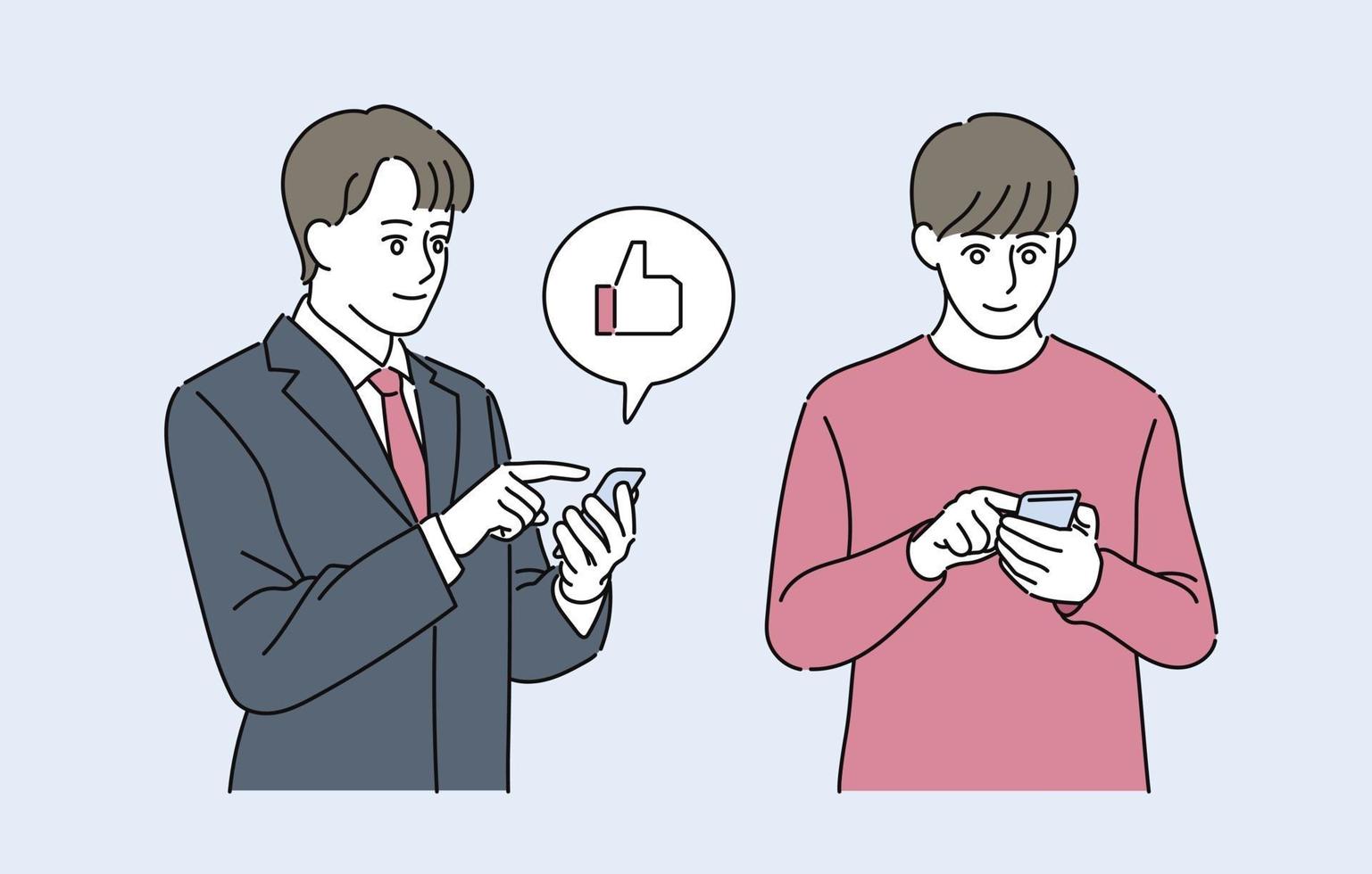 A man in a suit and a man in casual style are looking at a cell phone. hand drawn style vector design illustrations.