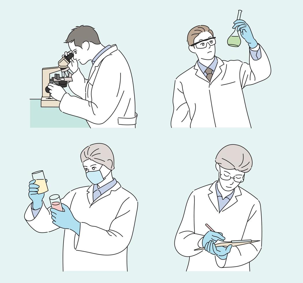 A researcher in a white gown is conducting an experiment. hand drawn style vector design illustrations.