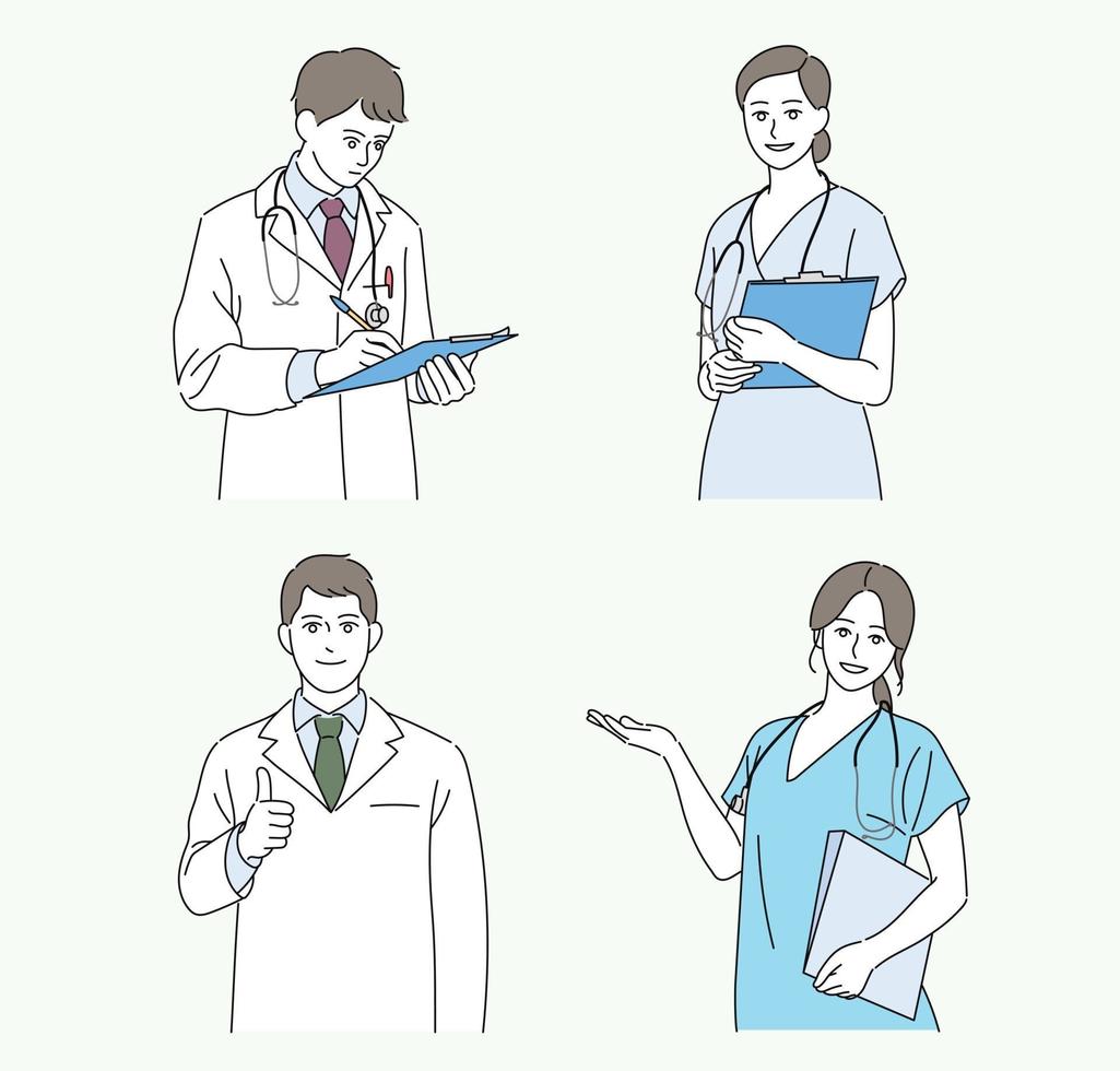 los médicos están sonriendo y haciendo gestos. ilustraciones de diseño de vectores de estilo dibujado a mano.