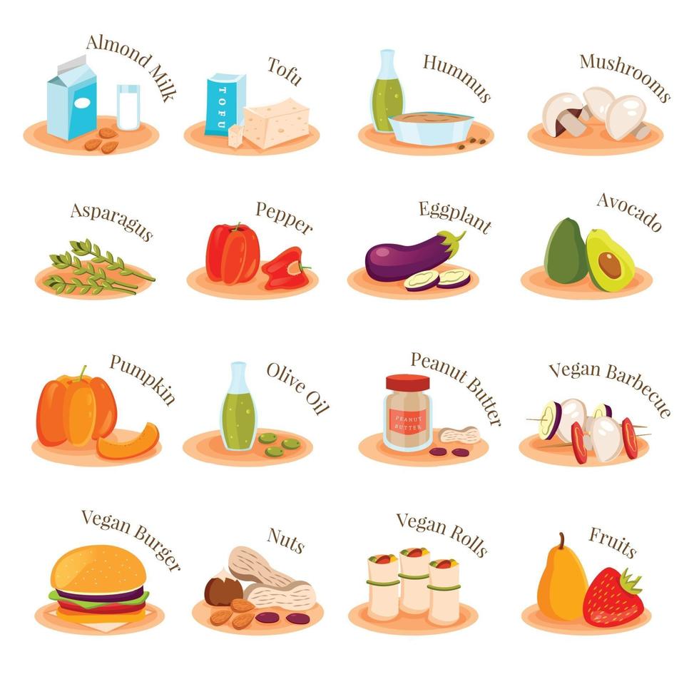 Vegan Vegetarian Dishes Flat Icons Set Vector Illustration