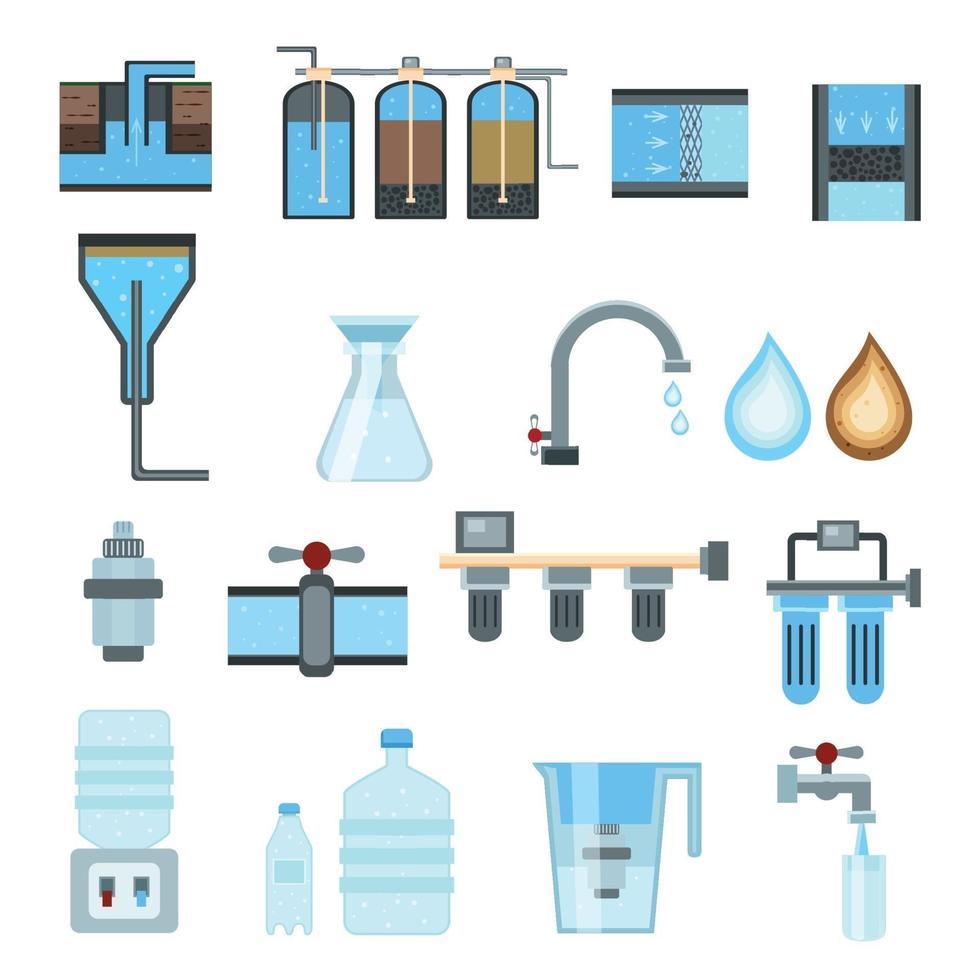 Ilustración de vector de iconos planos de filtración de agua