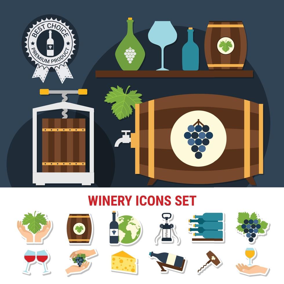 Wine Flat Icons Set Vector Illustration