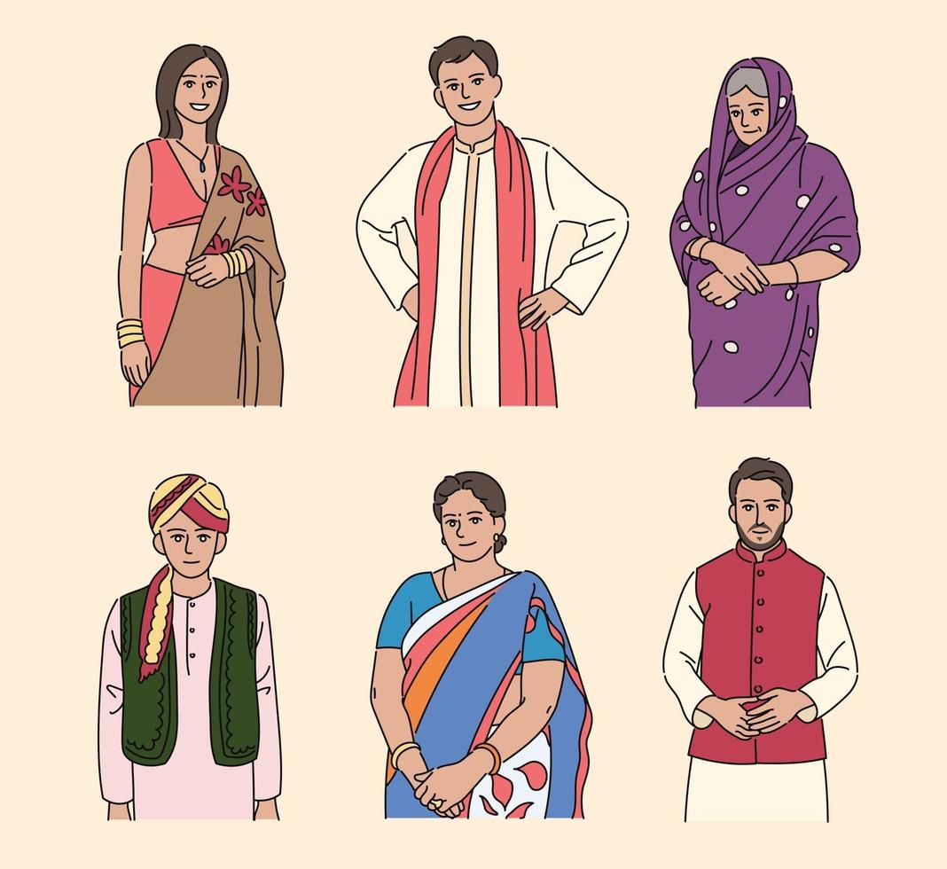 personas con hermosas ropas tradicionales indias. ilustraciones de diseño de vectores de estilo dibujado a mano.