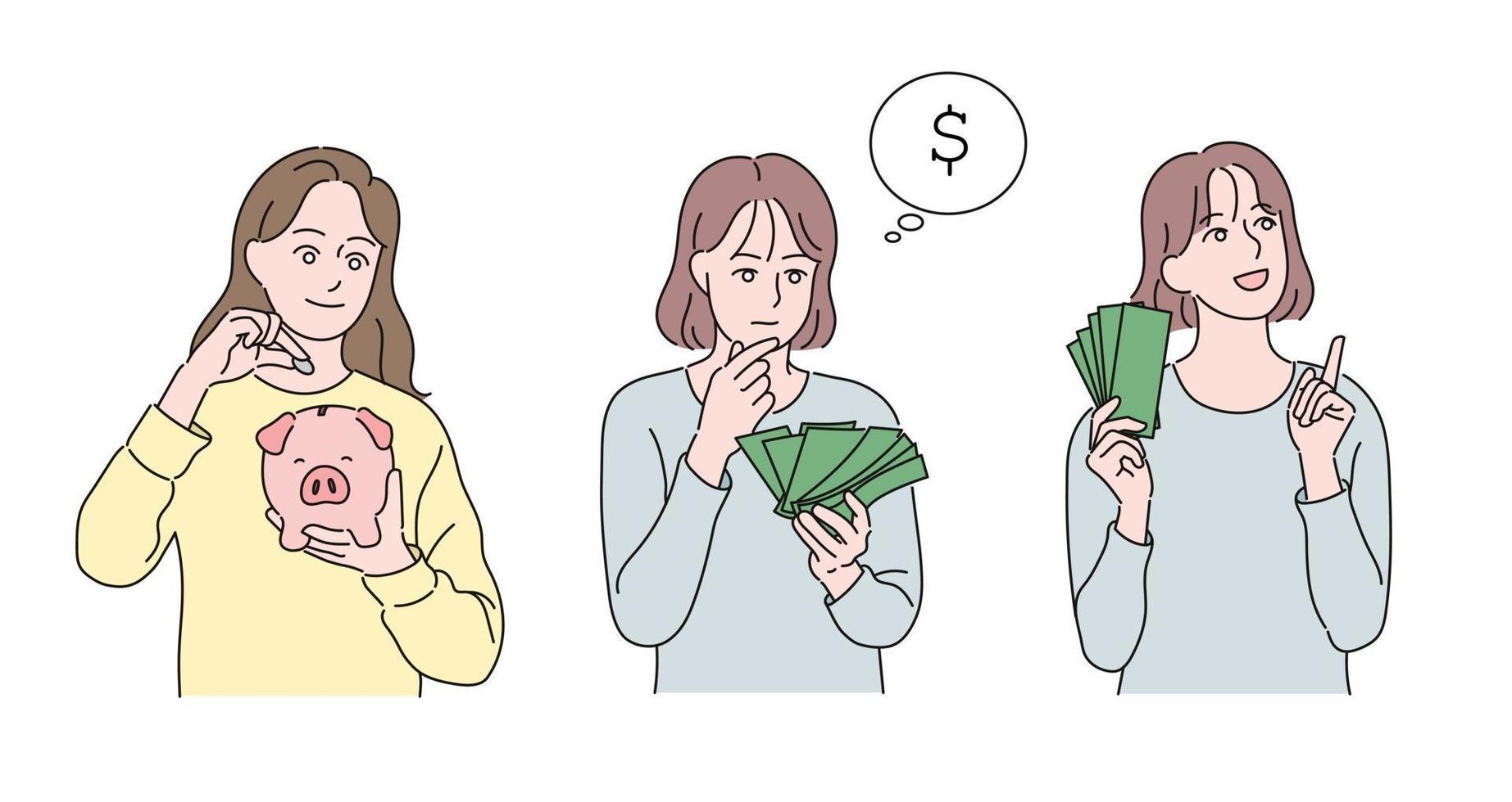 una mujer sosteniendo dinero y haciendo un plan de dinero. ilustraciones de diseño de vectores de estilo dibujado a mano.