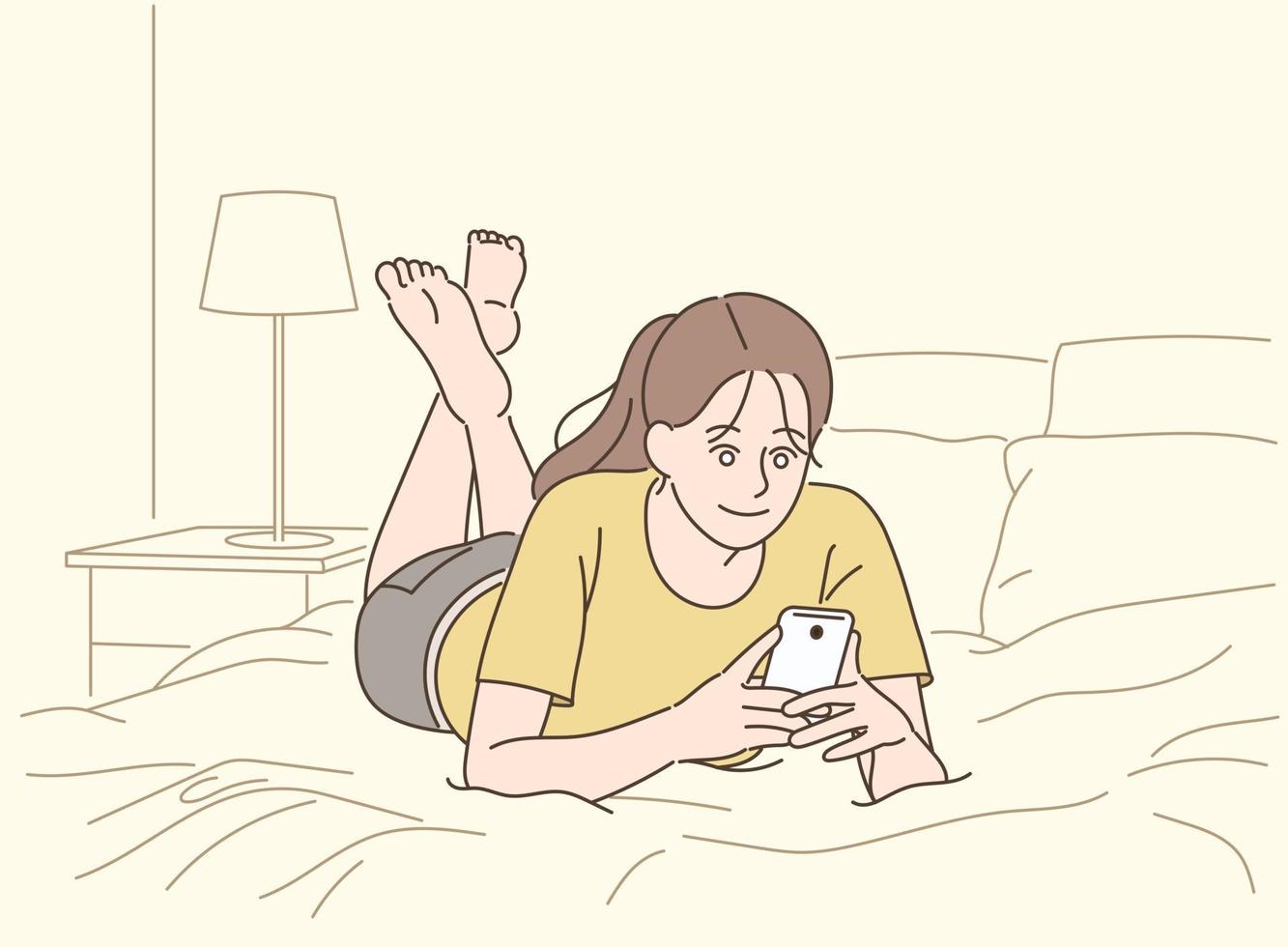 una niña acostada cómodamente en su cama y mirando su teléfono celular. ilustraciones de diseño de vectores de estilo dibujado a mano.