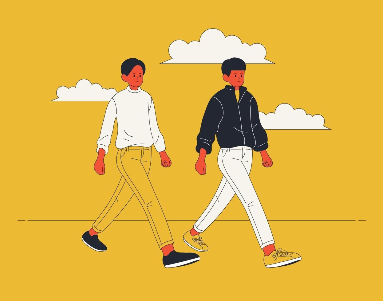 Two model men are walking down the street in the same pose. hand drawn style vector design illustrations.