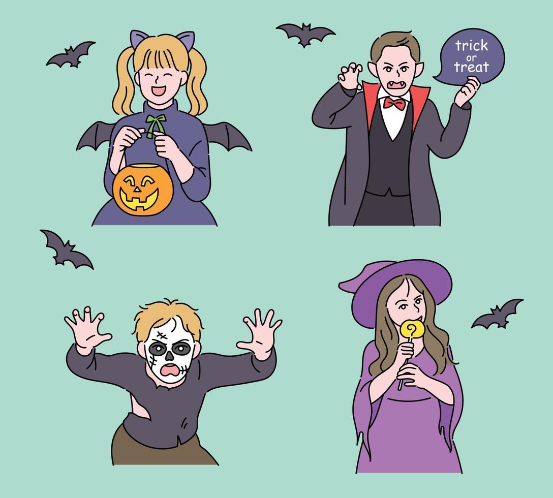 los niños lindos se disfrazan para halloween. ilustraciones de diseño de vectores de estilo dibujado a mano.