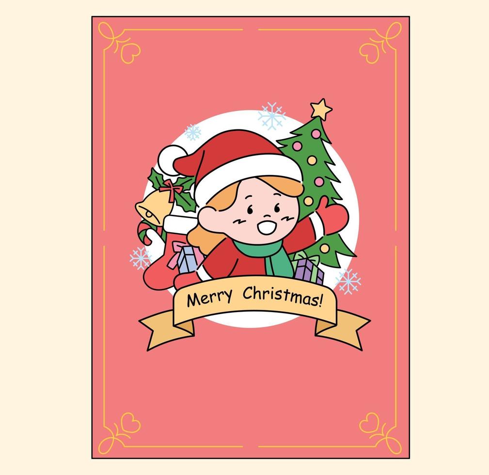 Card with cute Santa girl logo. hand drawn style vector design illustrations.