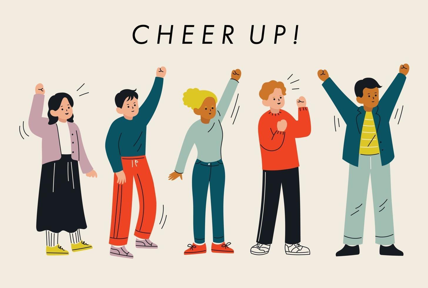 People are cheering with their arms raised. hand drawn style vector design illustrations.