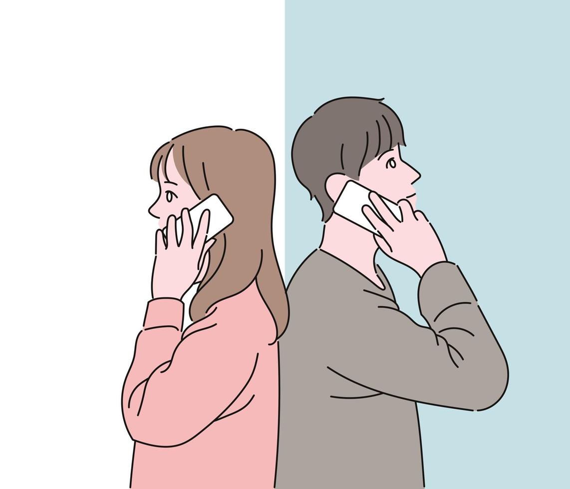 A couple talking on the phone with each other back to back. hand drawn style vector design illustrations.