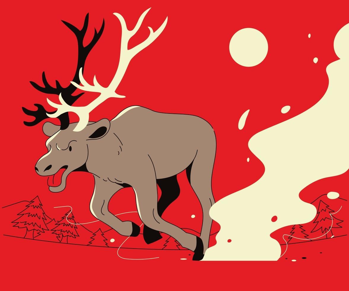 un reno se ejecuta sobre un fondo rojo. ilustraciones de diseño de vectores de estilo dibujado a mano.