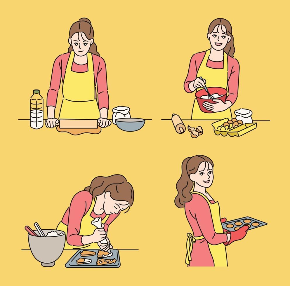 A woman is baking cookies. hand drawn style vector design illustrations.