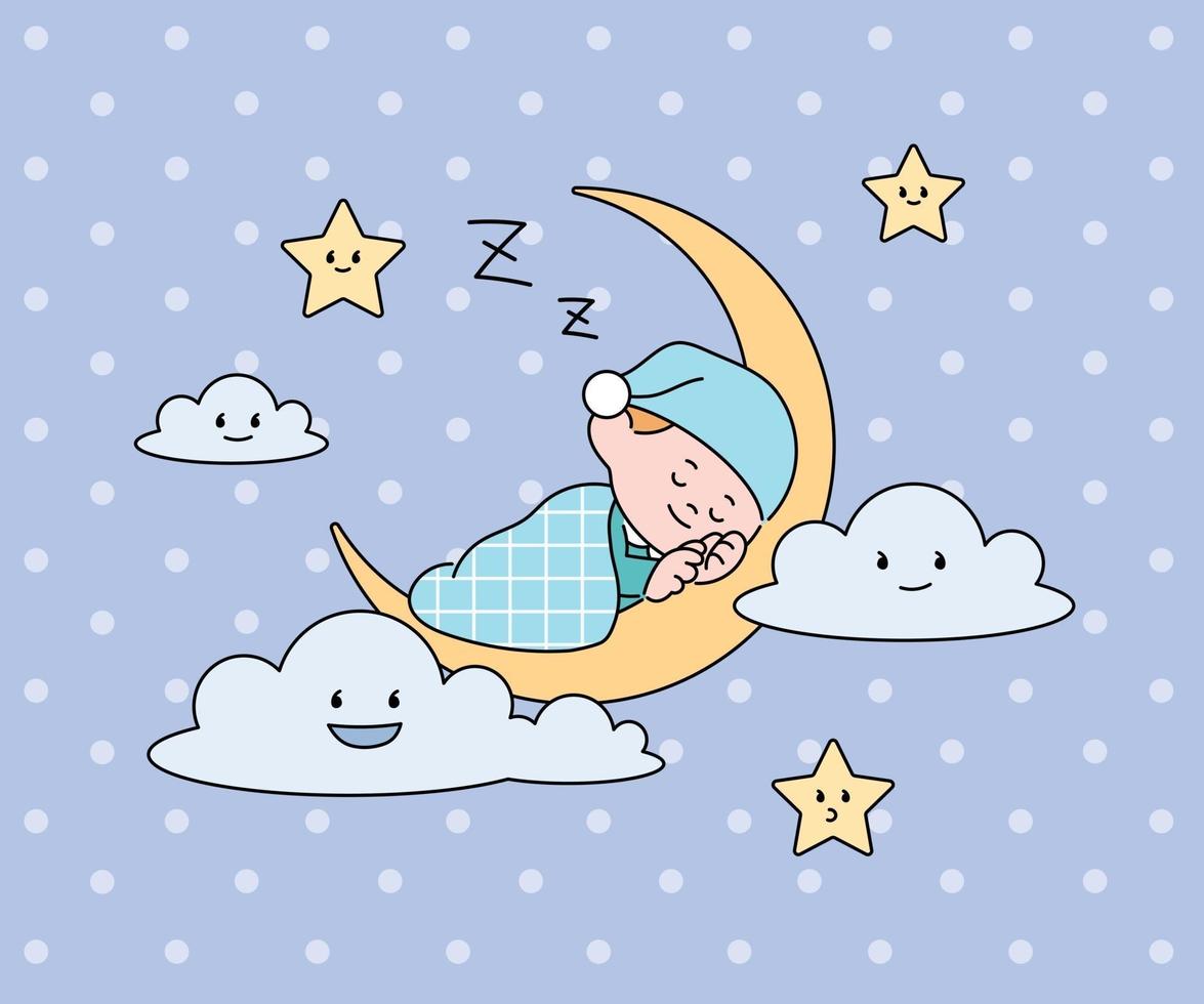 A cute child in pajamas is sleeping on the crescent moon. hand drawn style vector design illustrations.