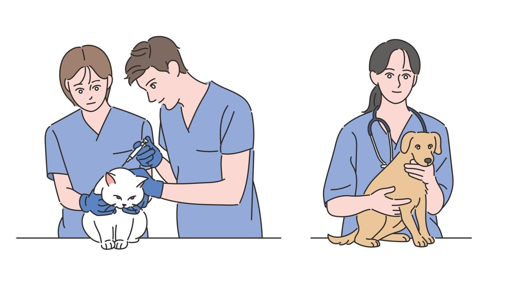 los médicos de los hospitales veterinarios tratan a perros y gatos. ilustraciones de diseño de vectores de estilo dibujado a mano.