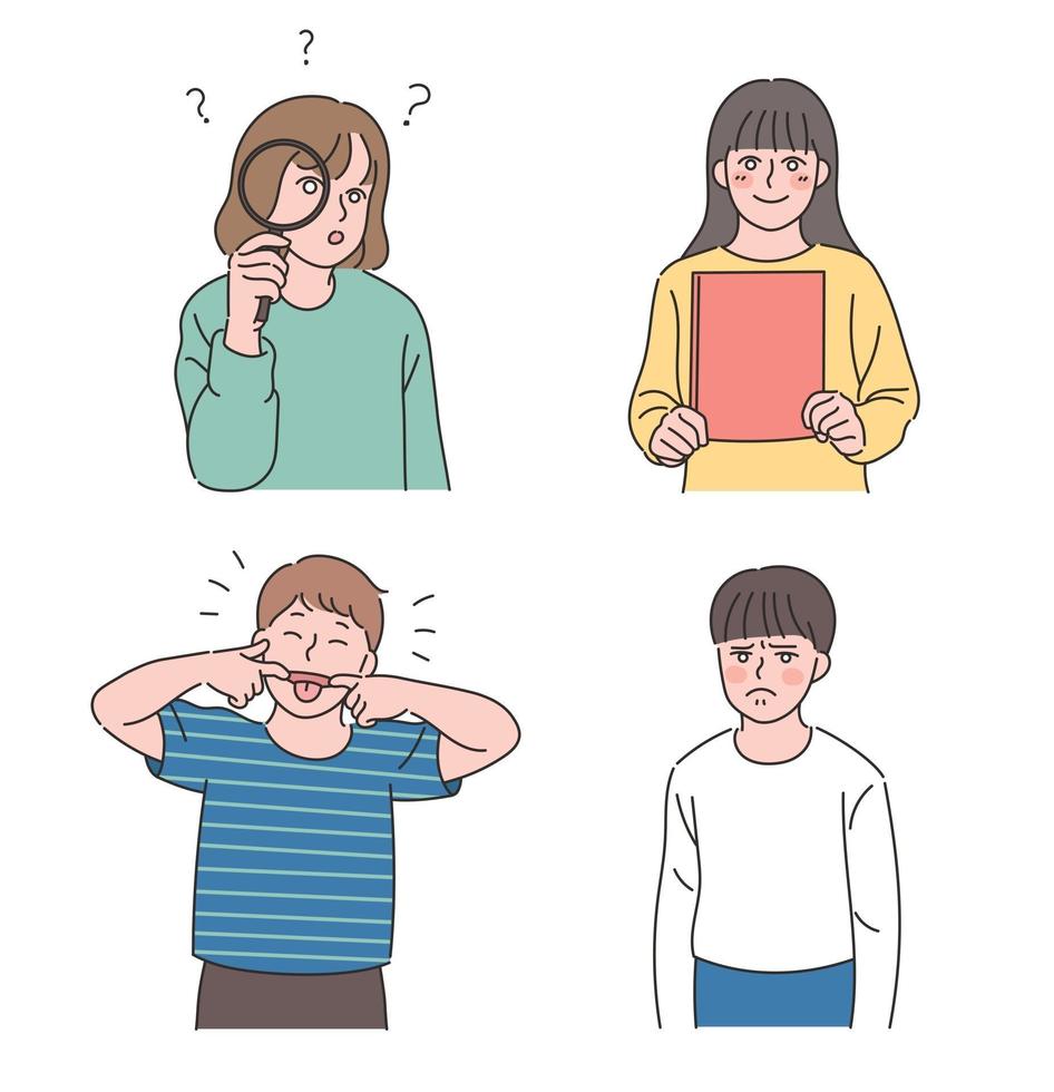 Little children character. He is curious and shy. hand drawn style vector design illustrations.