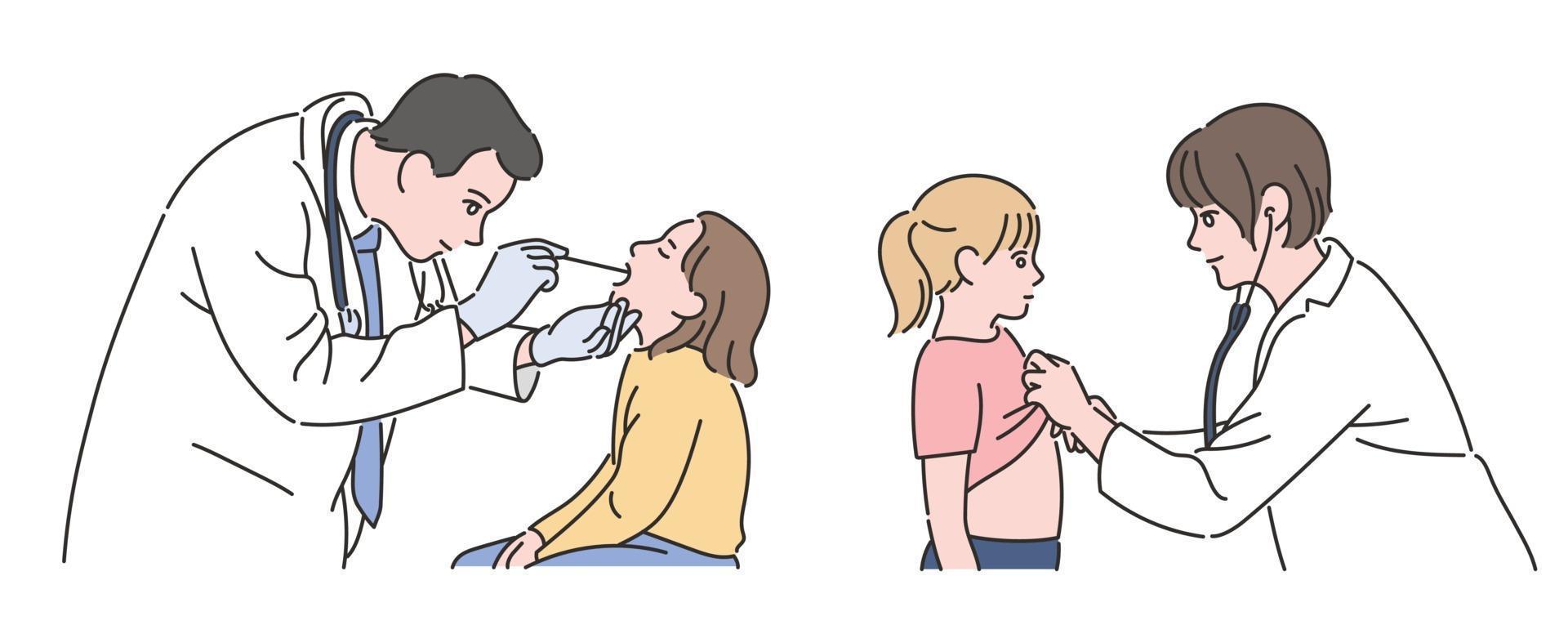 A doctor treating children. hand drawn style vector design illustrations.