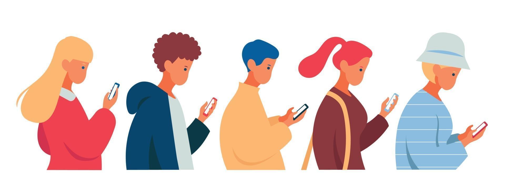 la gente camina mirando sus teléfonos celulares. ilustraciones de diseño de vectores de estilo dibujado a mano.