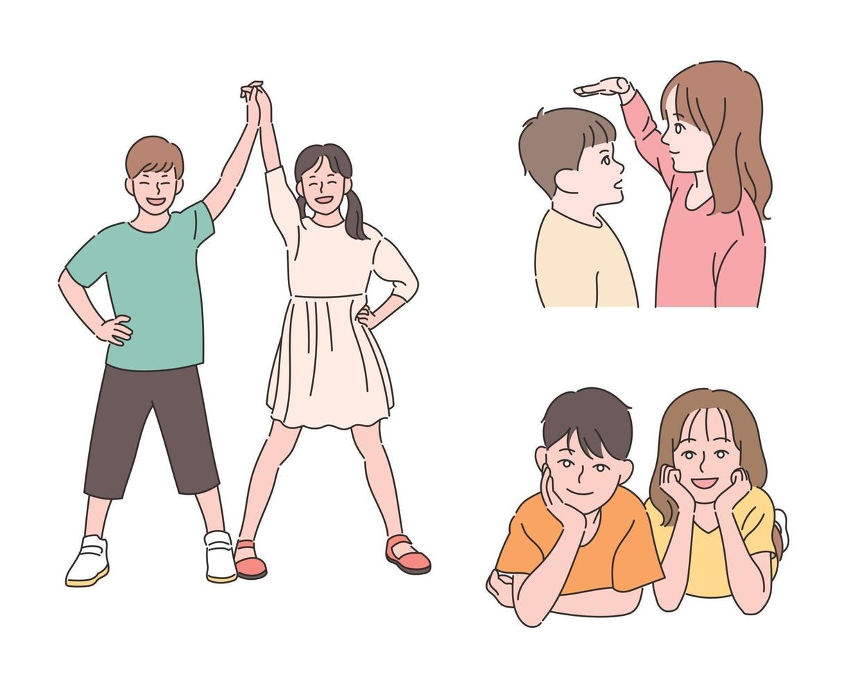 Cute boy and girl young friends. hand drawn style vector design illustrations.