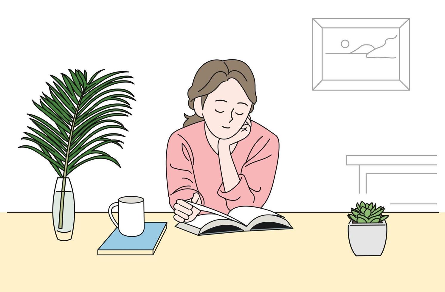 A girl is sitting at a desk and reading a book. hand drawn style vector design illustrations.